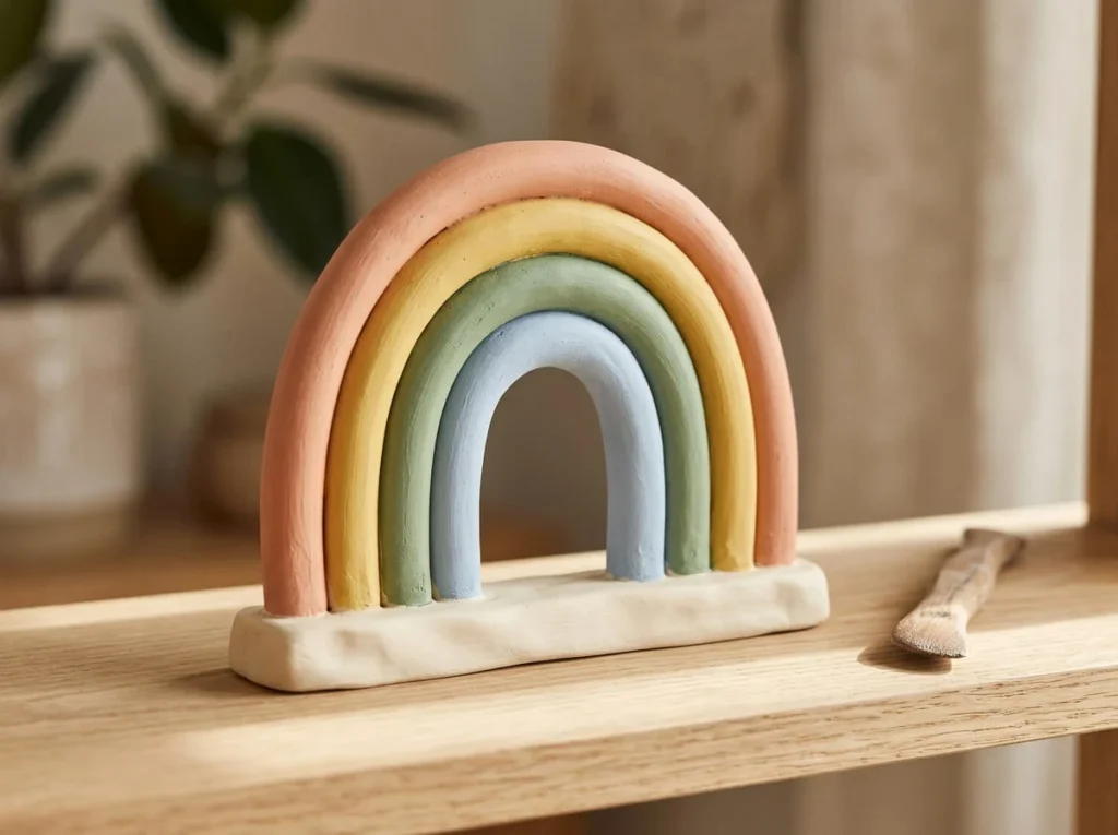 Small handmade air-dry clay rainbow with thick pastel-colored arches standing on a wooden shelf.