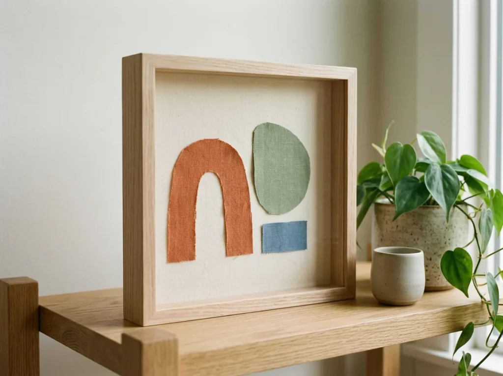 Handmade fabric collage using cream cotton, terracotta, and sage green fabric shapes displayed in a simple frame.