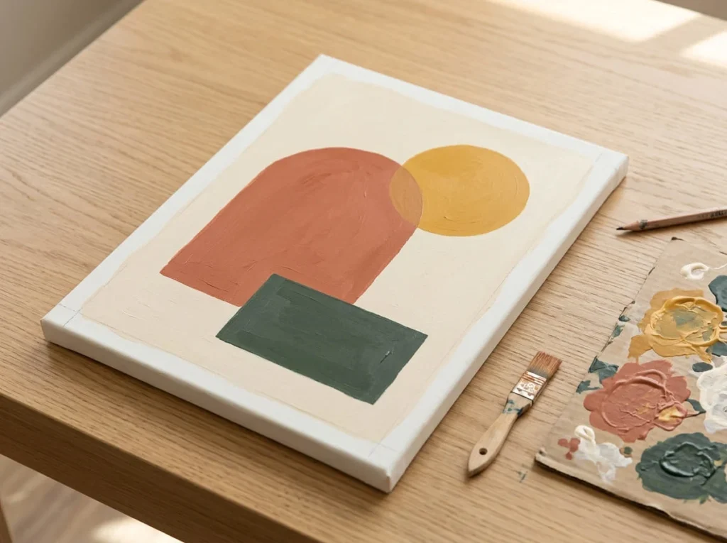 Beginner geometric acrylic canvas painting featuring terracotta arch, mustard circle, and dark green rectangle.