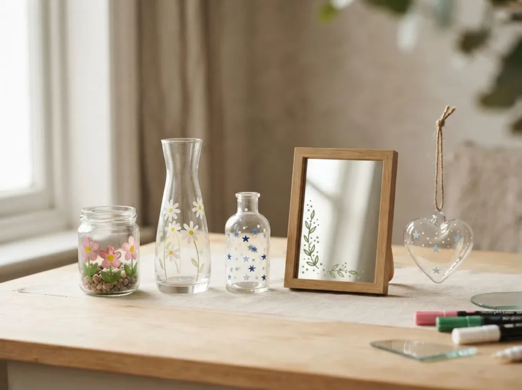 Decorated glass jar, vase, bottle, mirror, and ornament featuring simple acrylic paint pen designs.