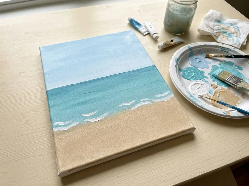 Beginner acrylic beach scene with pale blue sky, turquoise ocean, beige sand, and simple white waves.