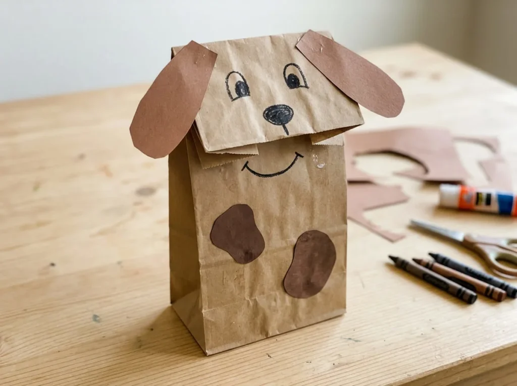 Brown paper bag puppy puppet with floppy paper ears and a smiling face drawn around its moving flap.