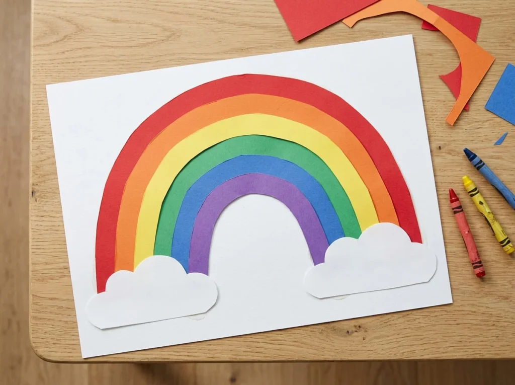 Handmade paper rainbow with red, orange, yellow, green, blue, and purple curved paper strips on white paper.