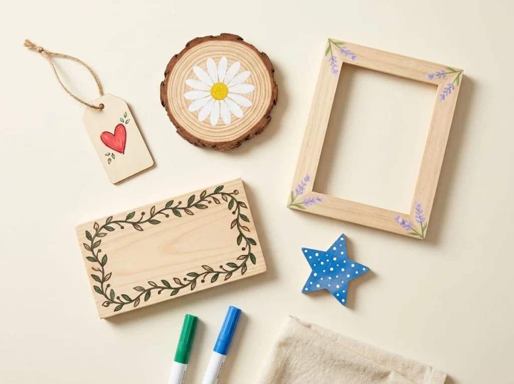 Handmade wooden gift tag, wood slice decoration, small sign, picture frame, and ornament decorated with acrylic paint pens.