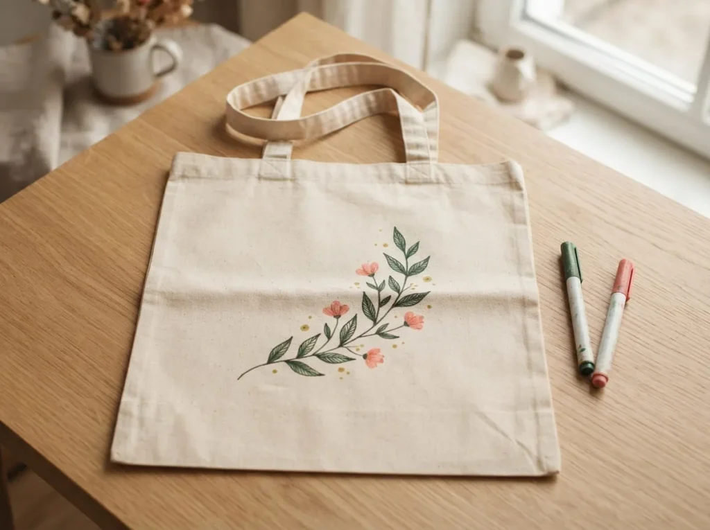Beige cotton tote bag decorated with green botanical artwork using fabric paint markers