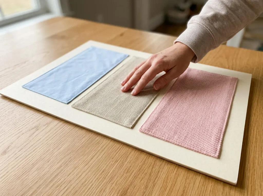 Fabric texture board for toddlers with securely attached smooth and woven fabric sections