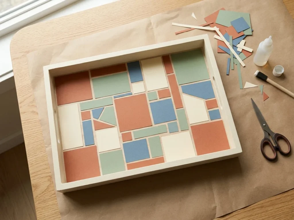 Handmade decorative tray featuring a faux mosaic pattern made from terracotta, sage green, cream, and muted blue paper shapes.