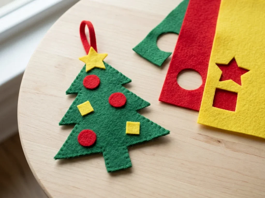 Green felt Christmas tree ornament with red and yellow felt decorations