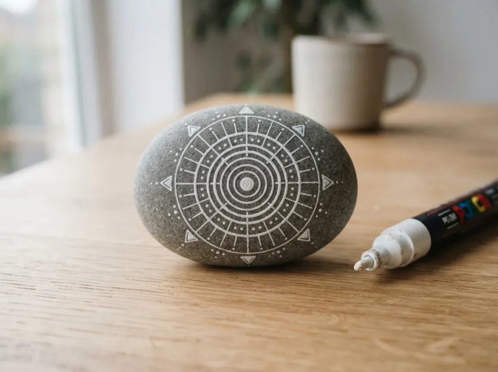 Smooth grey rock decorated with intricate white geometric lines and dots using a fine point acrylic paint pen