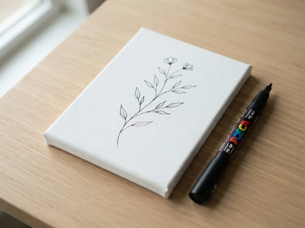 Small white canvas featuring delicate black botanical line art drawn with a fine point acrylic paint pen