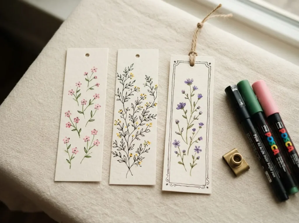 Handmade cardstock bookmarks decorated with delicate flowers using fine point acrylic paint pens