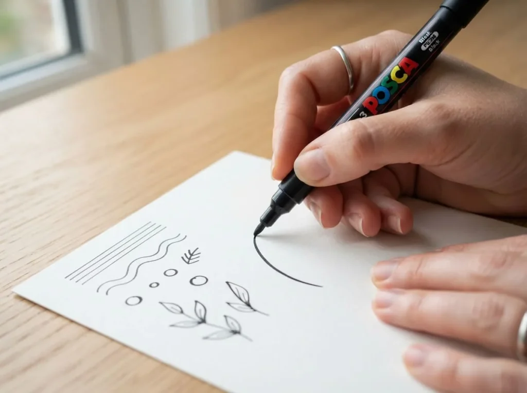 Hand using a fine point acrylic paint pen to draw thin lines and curved patterns on cardstock