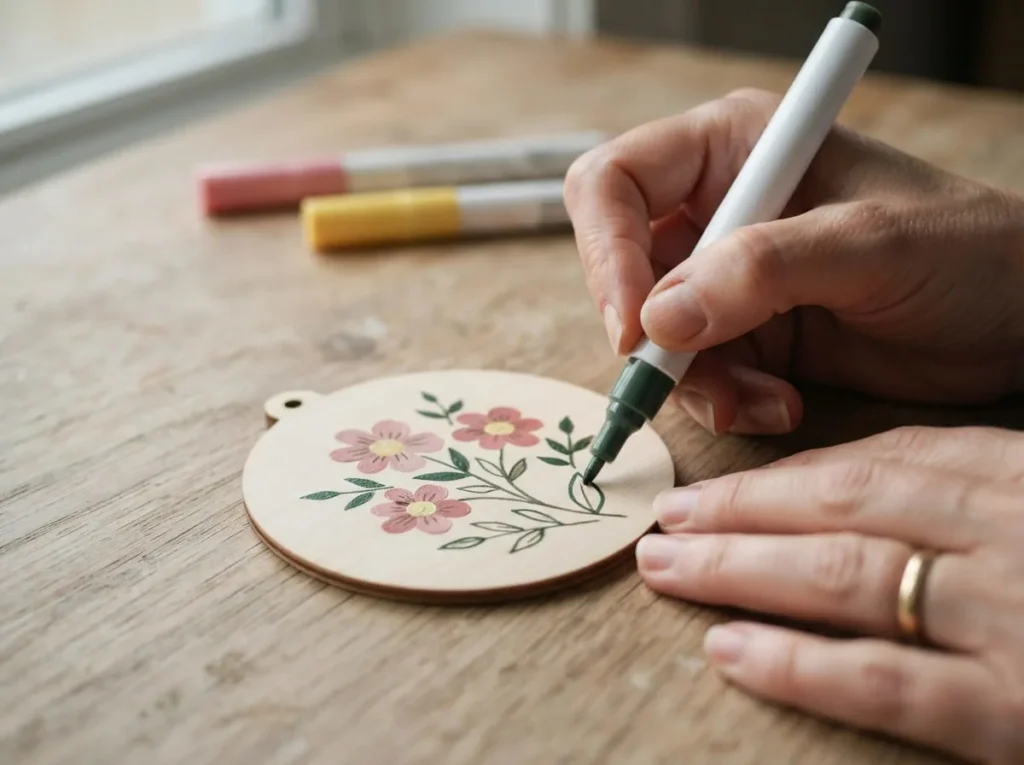 Fine-tip acrylic paint pen drawing small flowers and detailed decorative outlines on a wooden ornament.