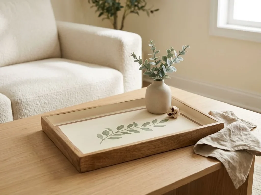 Finished cream wooden decorative tray with hand-painted sage green leaves and a soft brown border styled on a coffee table.