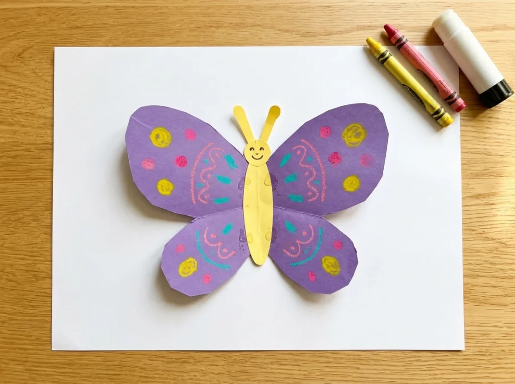 Finished purple paper butterfly with colorful crayon patterns, yellow paper body, and paper antennae.