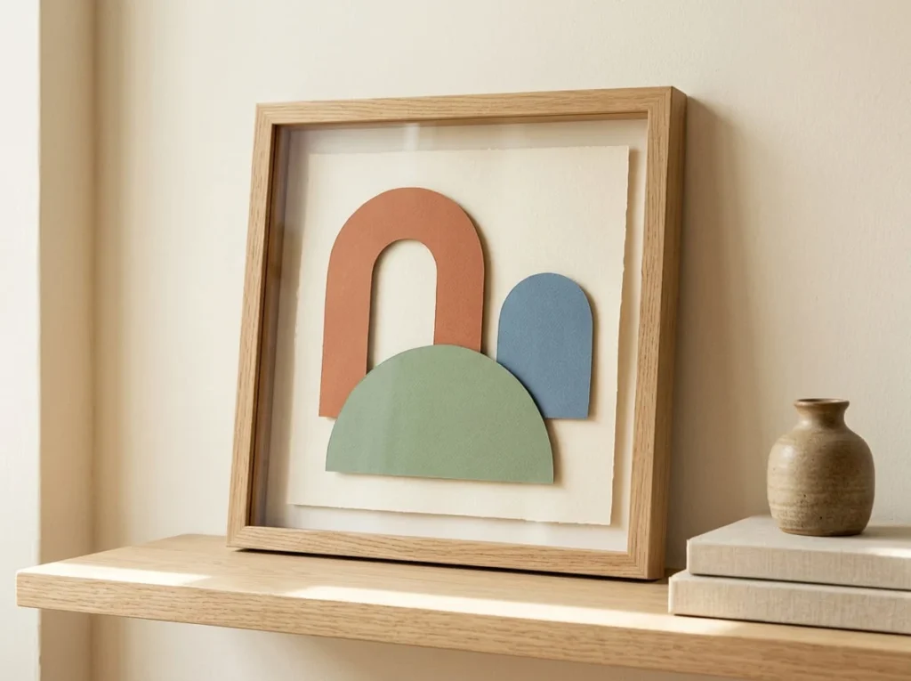 Finished abstract layered paper wall art with terracotta, sage green, and muted blue shapes displayed in a natural wood frame.