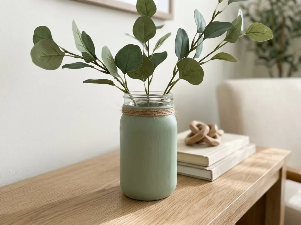 Finished matte sage green mason jar vase with natural jute twine and faux eucalyptus displayed on a wooden console.