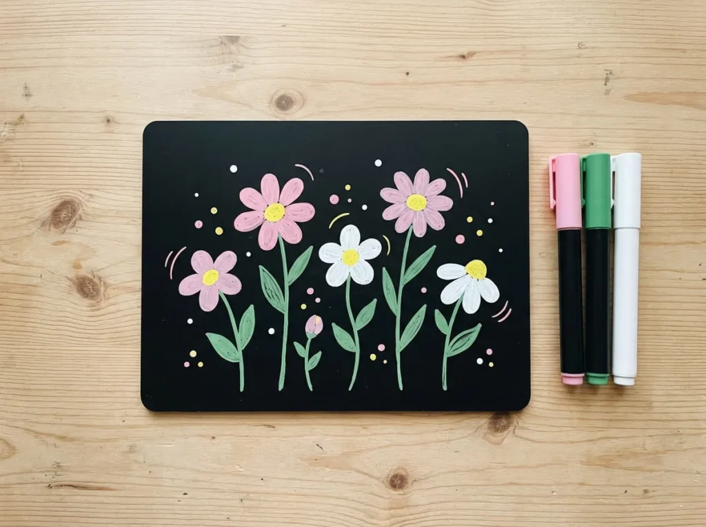 Colourful hand-drawn flowers and leaves made with liquid chalk markers on a black board