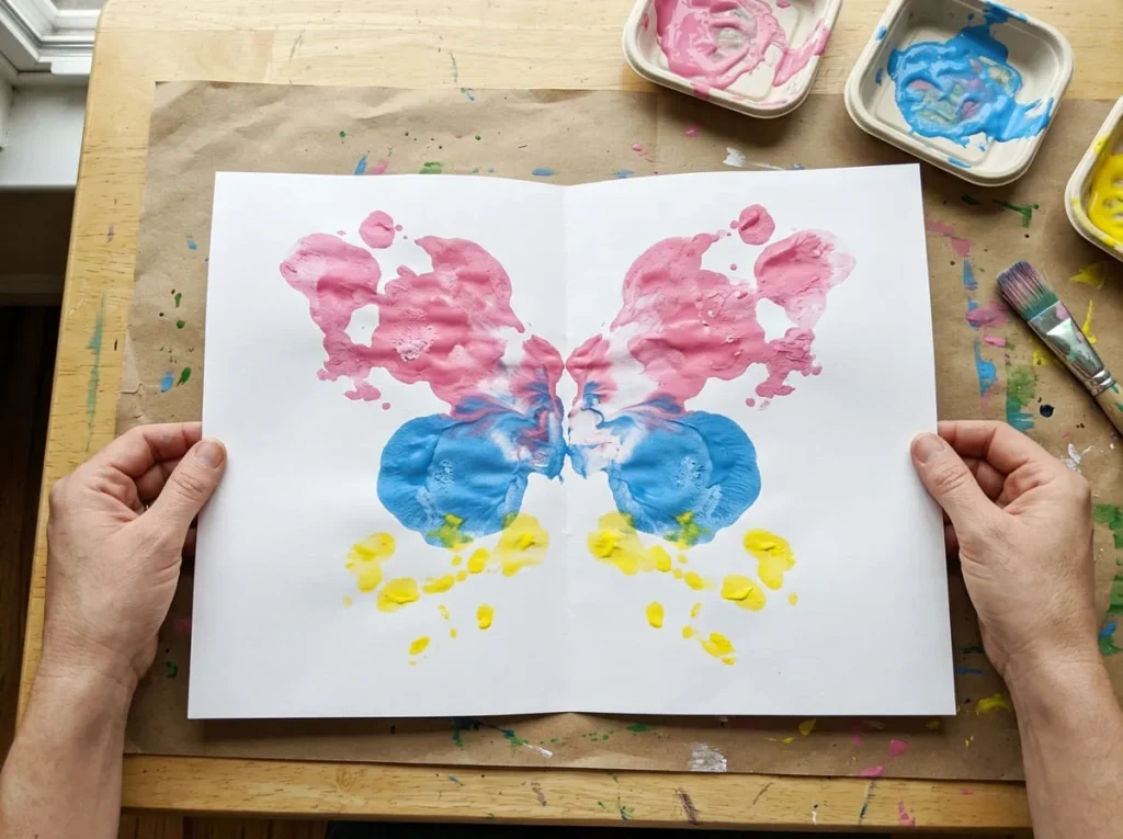 Symmetrical preschool paint print made by folding paper with pink, blue, and yellow washable paint.