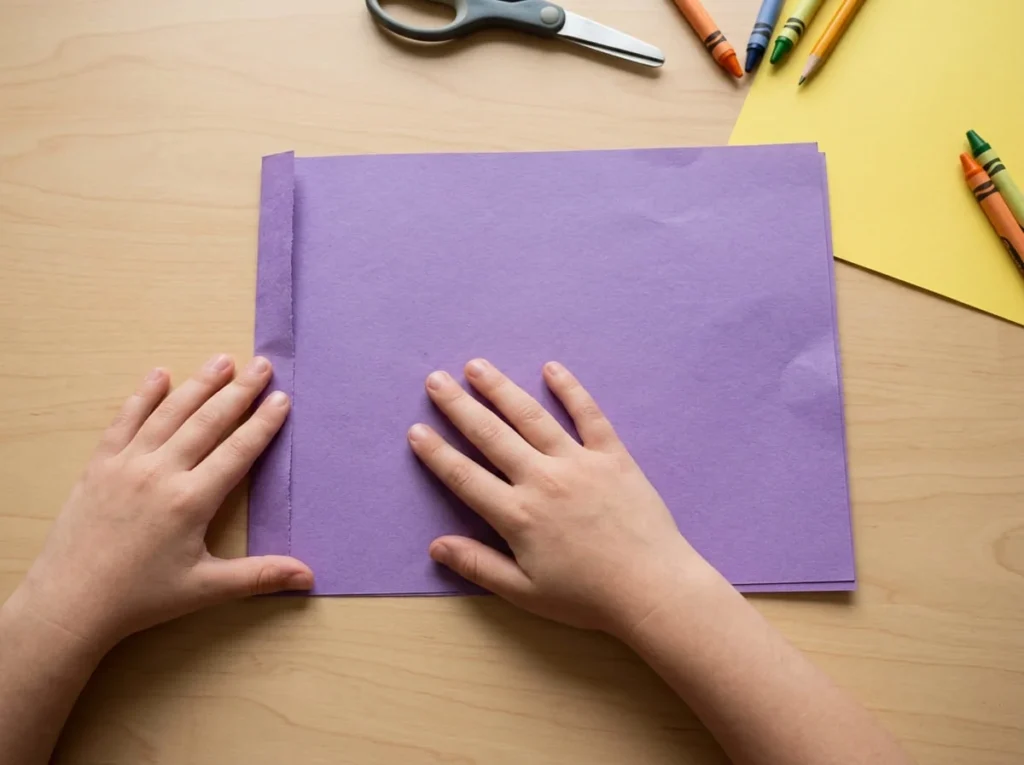 Child folding purple construction paper in half to prepare symmetrical butterfly wings.