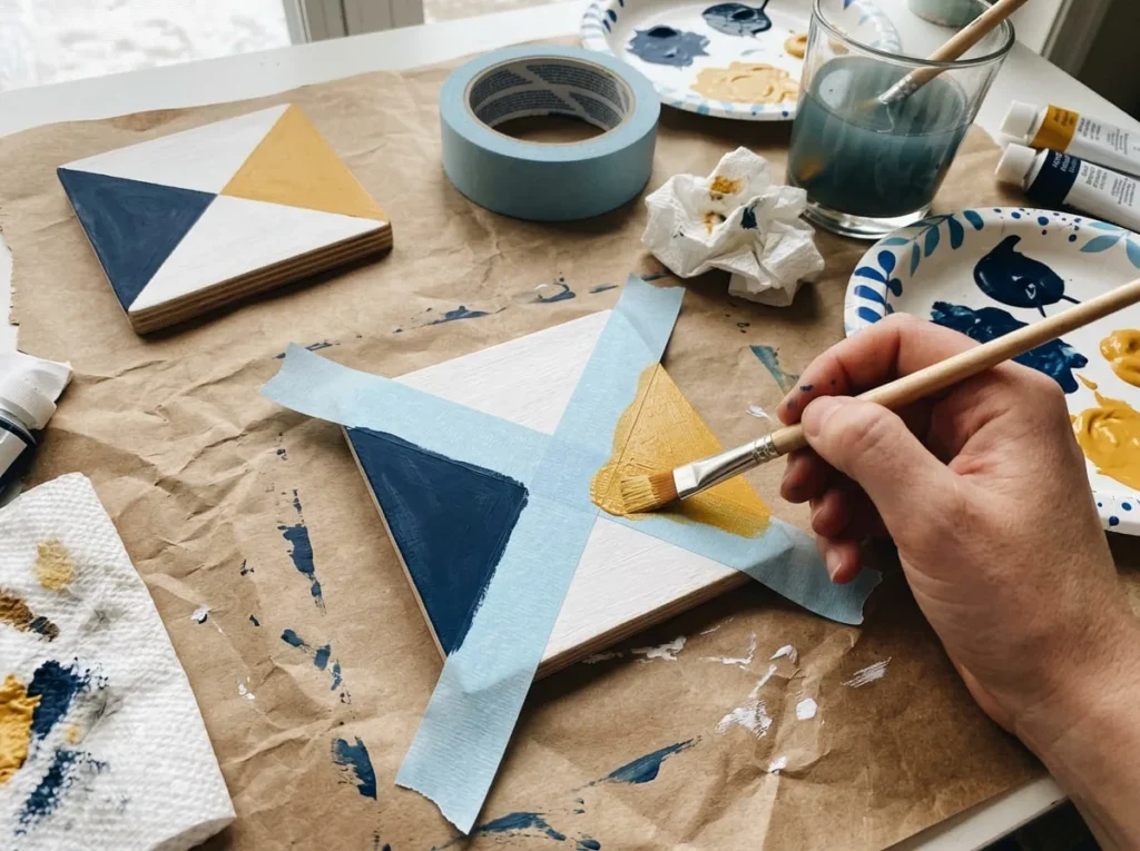Wooden coaster with navy and mustard geometric acrylic paint sections and painter's tape creating clean boundaries.