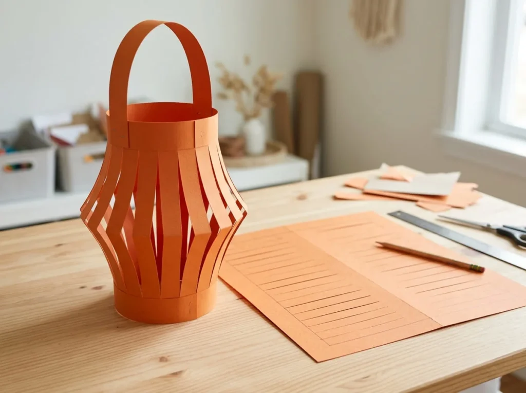 Orange Halloween paper lantern made with folded and cut cardstock