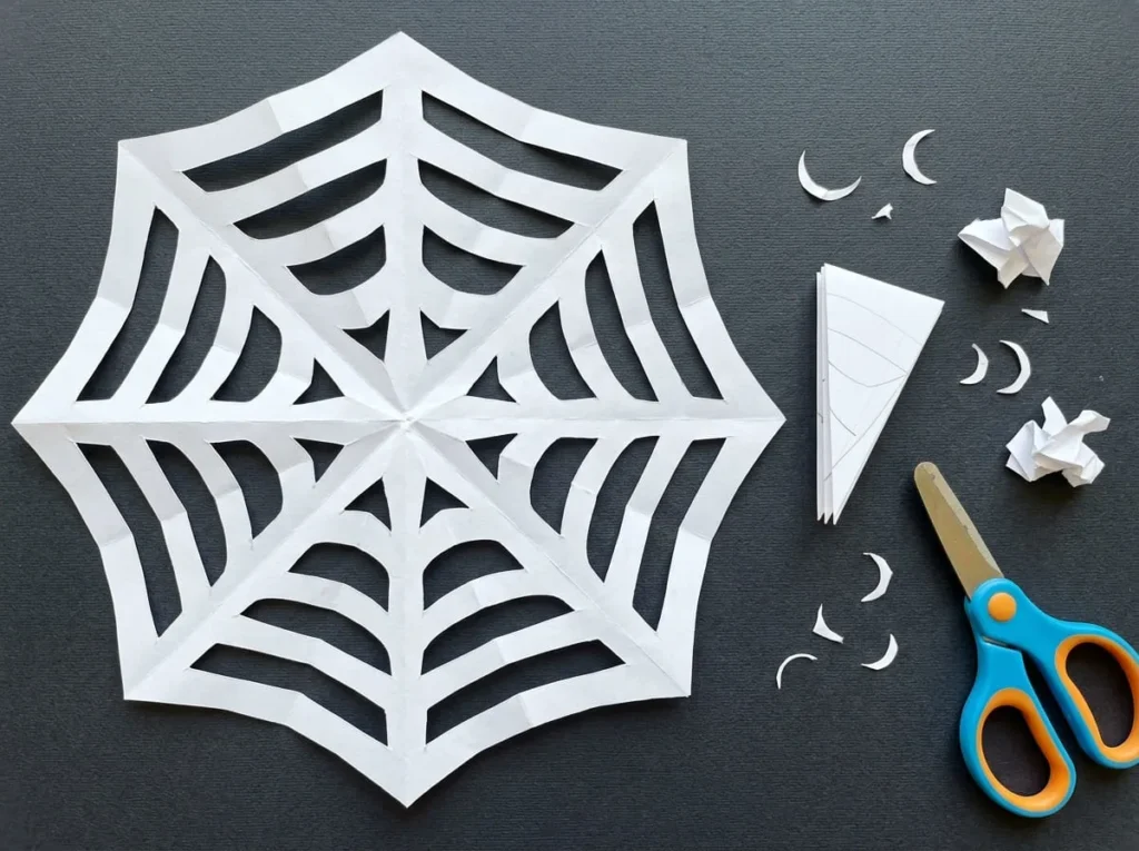 Halloween paper spider web craft made by folding and cutting white paper