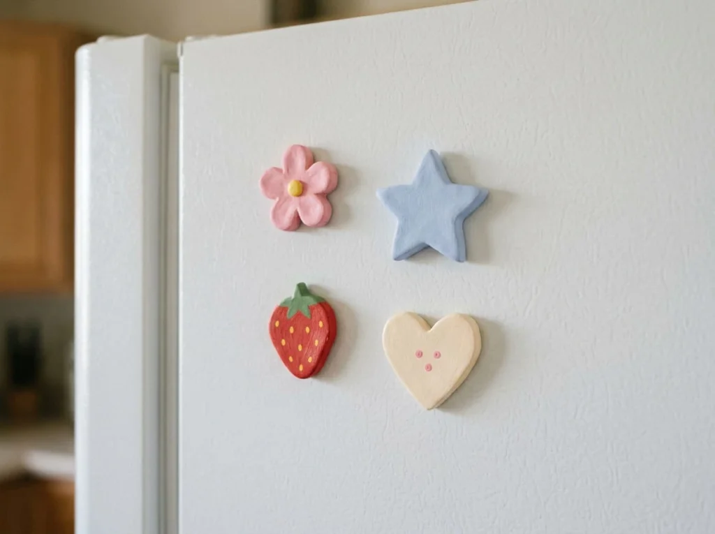 Small handmade clay flower, strawberry, heart, and star magnets displayed on a refrigerator door.