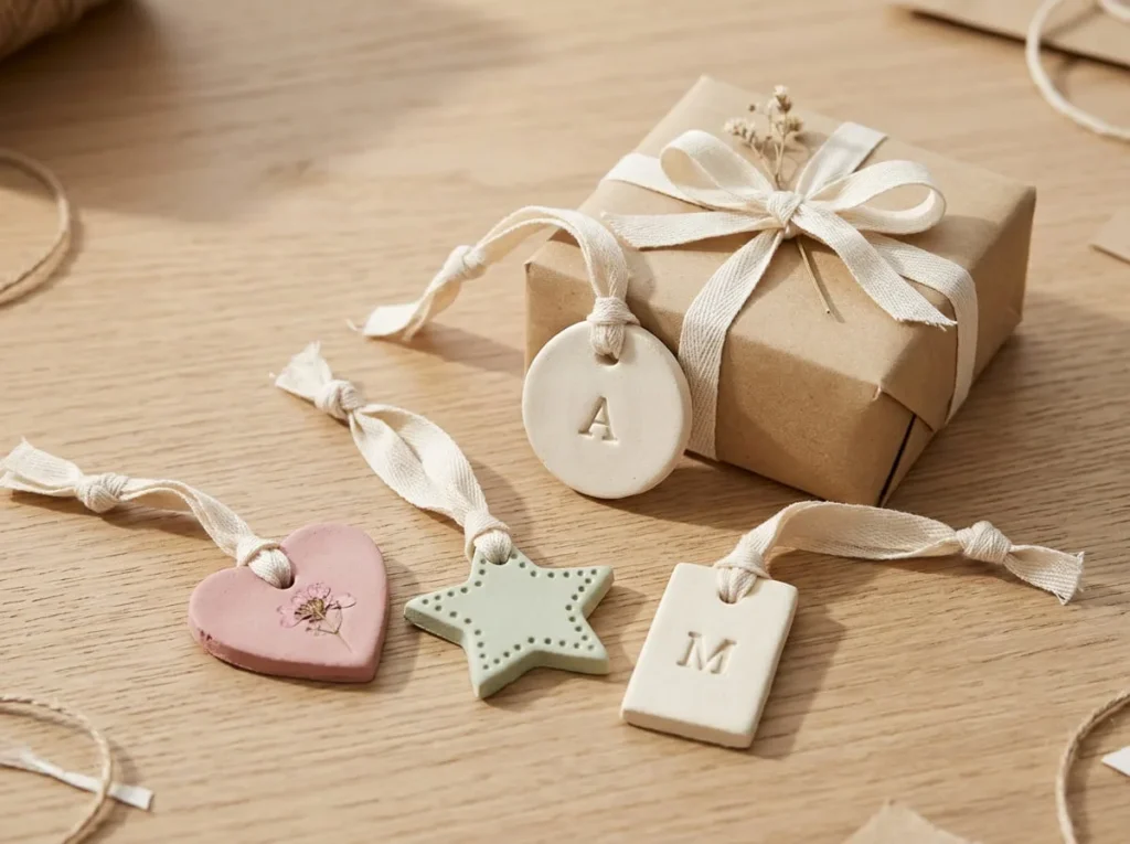 Simple handmade clay gift tags in heart, circle, and star shapes with stamped initials and cotton ribbons.