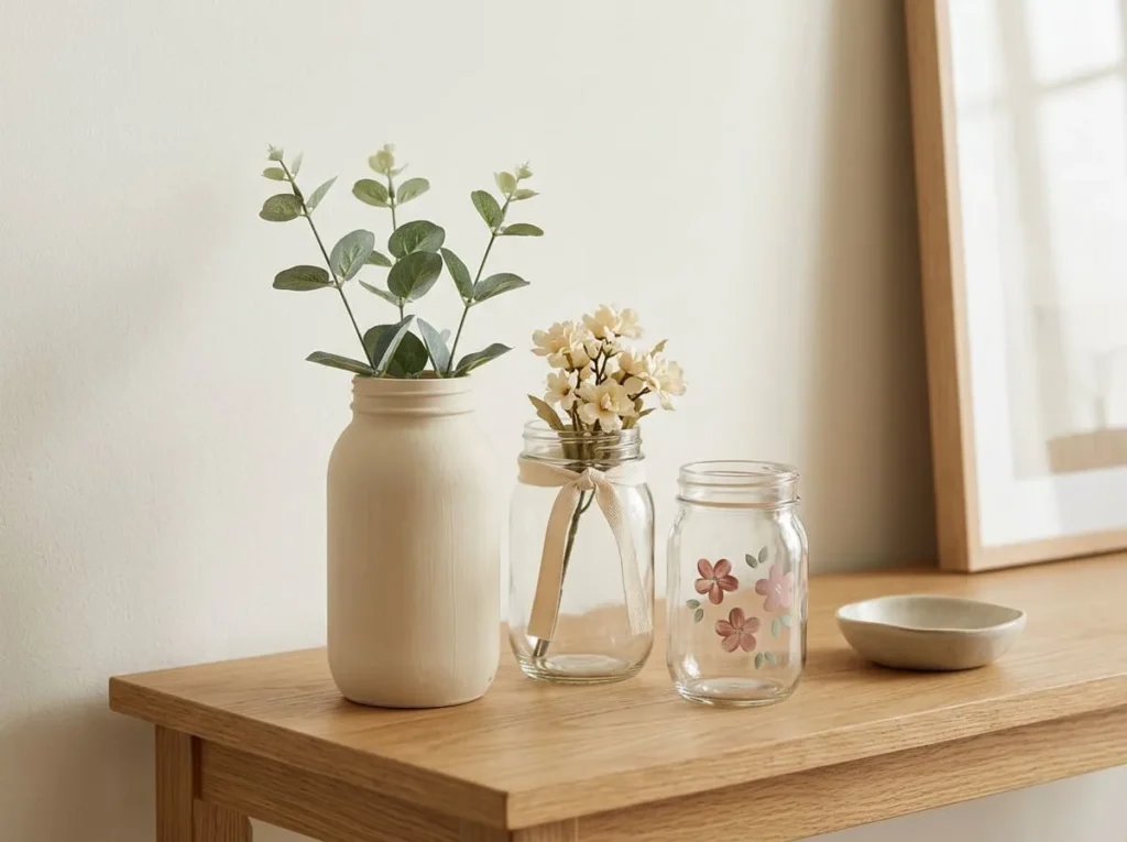 Coordinated handmade mason jar decorations with faux greenery, cotton ribbon, and a simple floral design on a home console table.