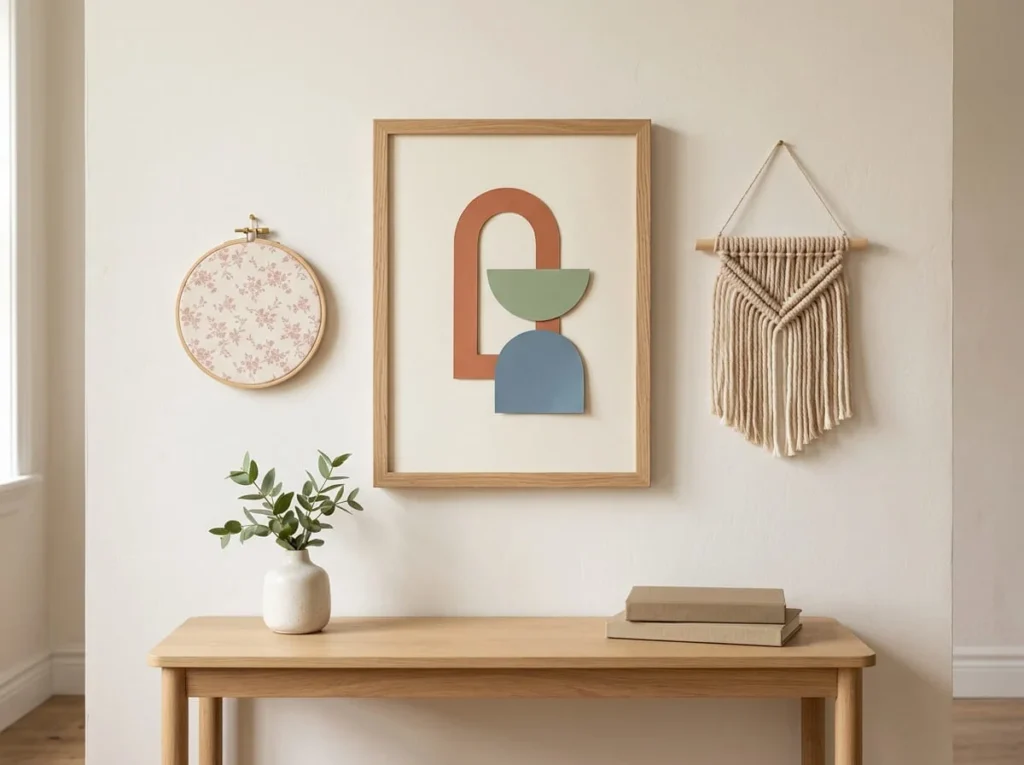 Three coordinated handmade wall decorations combining framed paper art, floral fabric hoop art, and a neutral yarn wall hanging.