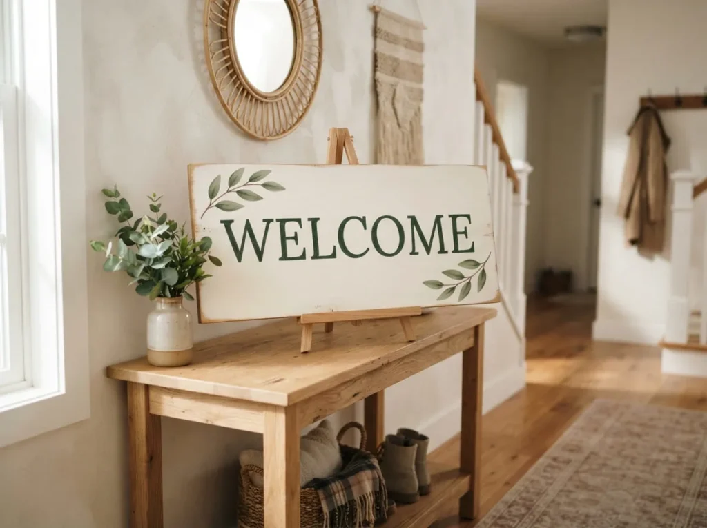 Handmade wooden welcome sign with dark green lettering and painted leaves displayed on an entryway console table.