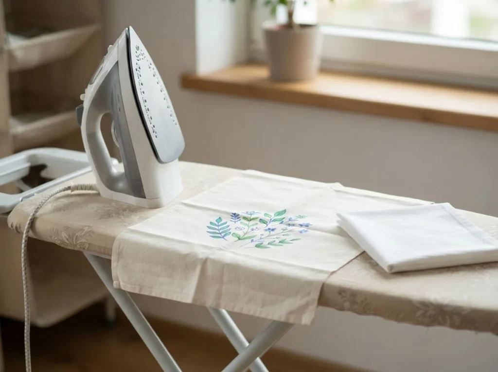 Iron and protective pressing cloth arranged for heat-setting a painted cotton fabric design