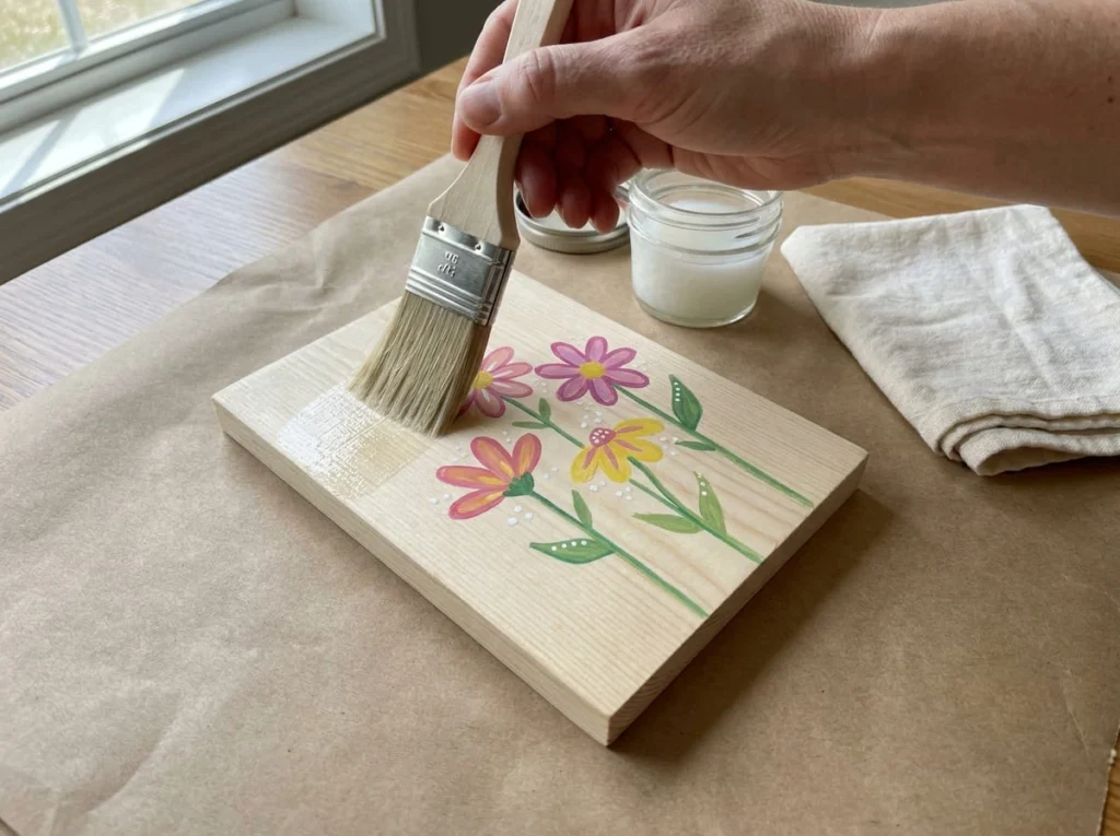 Hand applying a thin clear protective finish to a painted wooden craft plaque using a soft brush.
