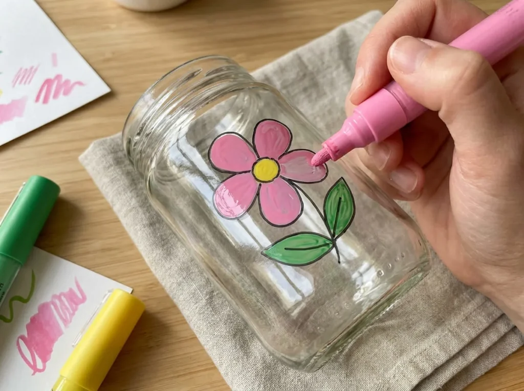 Hand using a pink acrylic paint pen to fill flower petals on the outside of a clear glass jar.