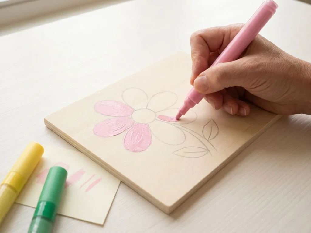 Hand using a pink acrylic paint pen to color flower petals on a smooth wooden craft plaque.