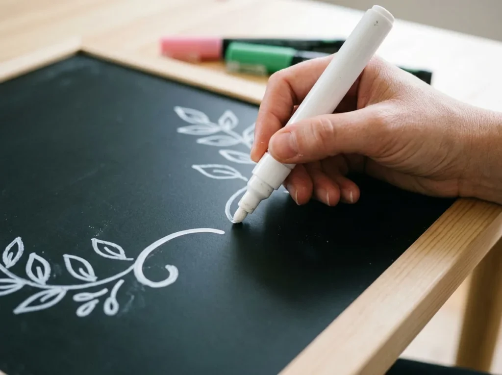 Hand using a white liquid chalk marker to draw controlled lettering on a black chalkboard