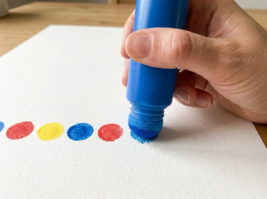 Hand using a foam-tipped dot paint marker to stamp colourful dots on white paper