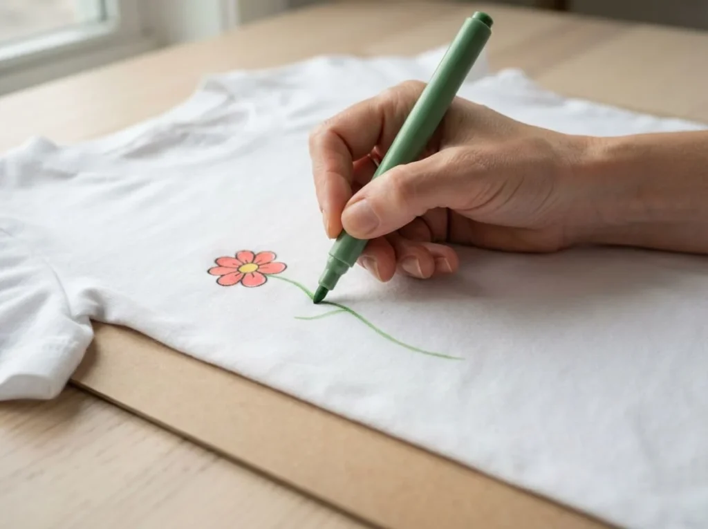 Hand drawing a small floral design on white cotton fabric using a fabric paint marker