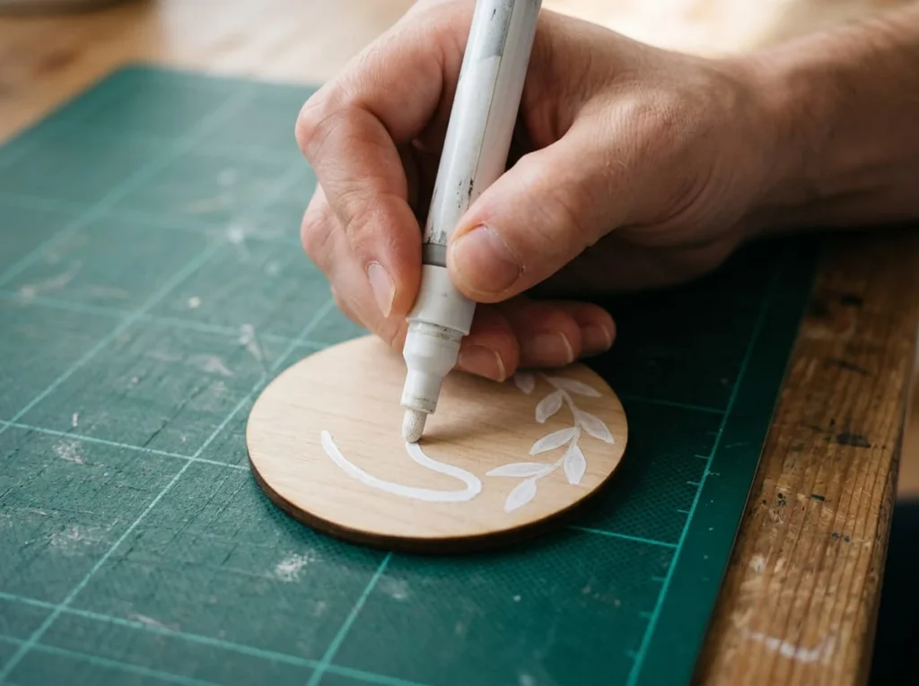 Hand applying white permanent paint marker lettering to a smooth wooden craft ornament