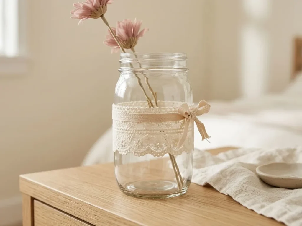 Clear glass mason jar decorated with an ivory cotton lace band and a soft beige ribbon on a bedroom dresser.