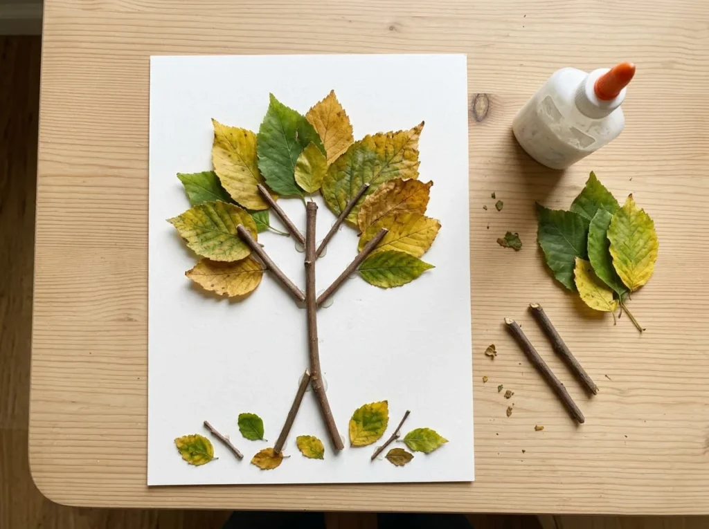 Leaf and twig nature collage arranged into a simple tree on cardstock