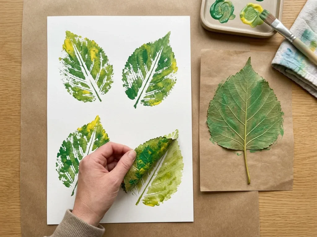 Preschool leaf printing activity with green and yellow washable paint impressions on white paper.