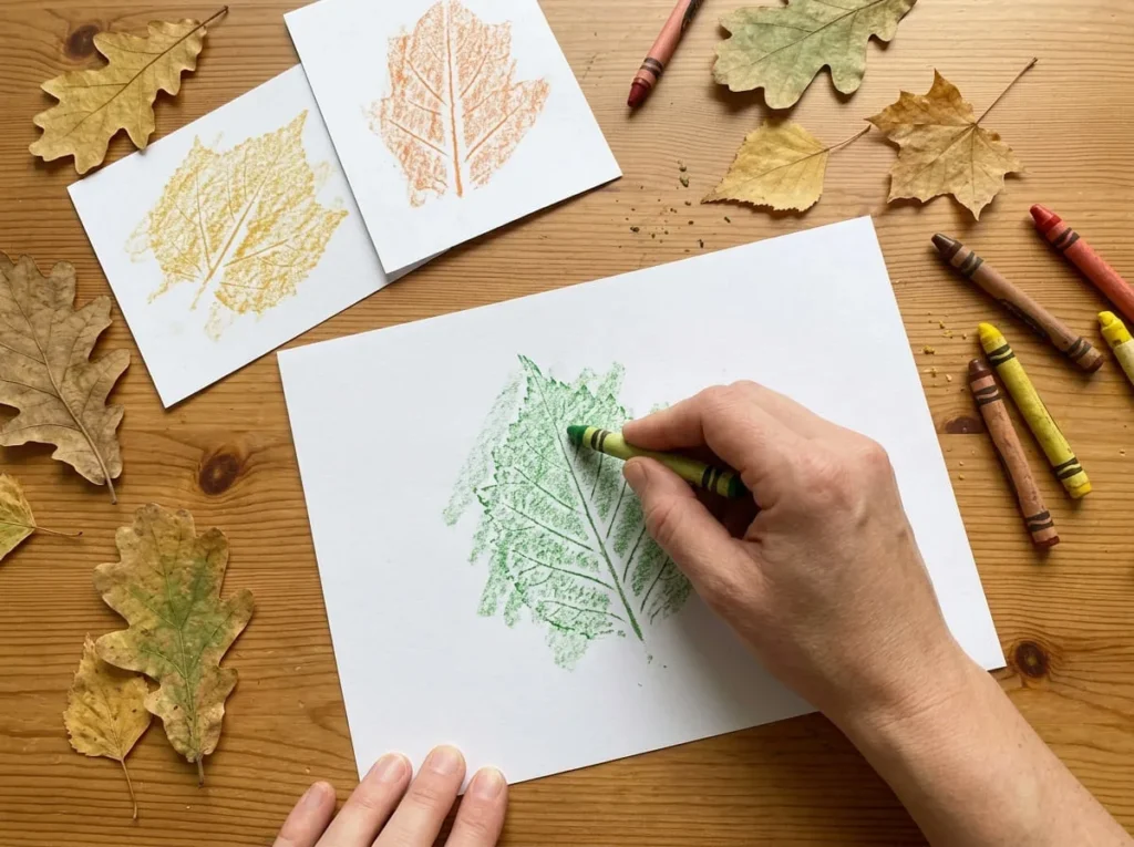 Leaf rubbing art revealing natural leaf veins with colored crayons