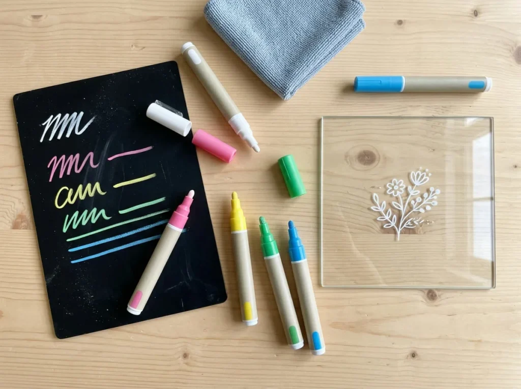 Liquid chalk paint markers with a non-porous chalkboard and glass craft surface