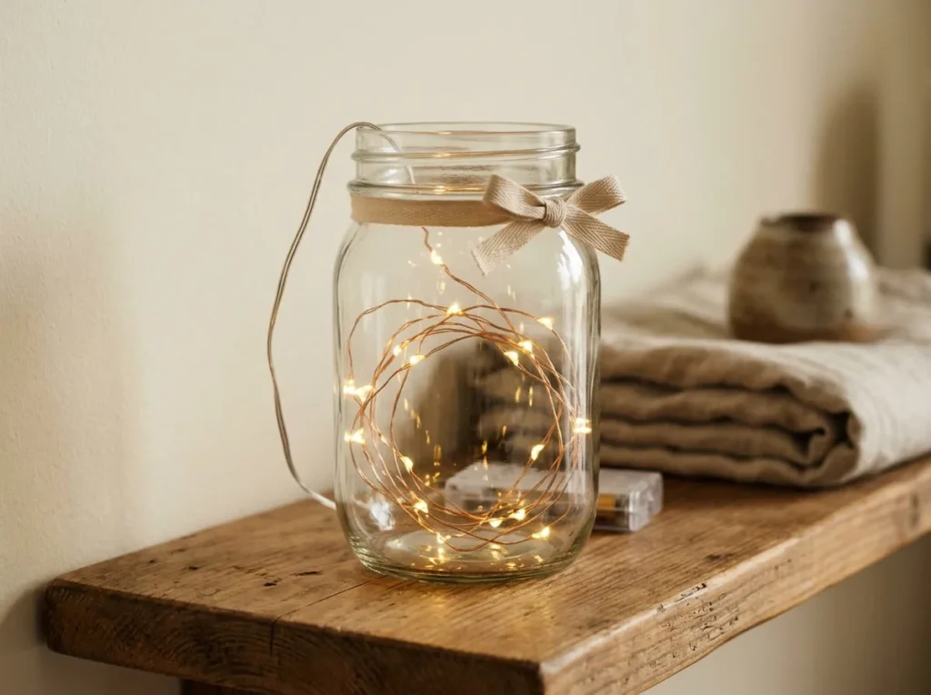 Clear mason jar containing loosely arranged warm white battery-operated LED fairy lights on a bedroom shelf.