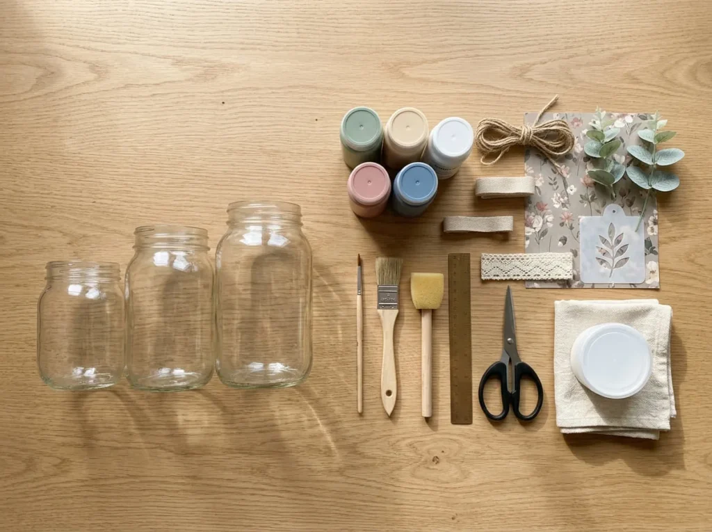 Clean mason jars, glass-compatible paint, brushes, twine, cotton ribbon, lace, and faux flowers arranged for home decoration crafts.