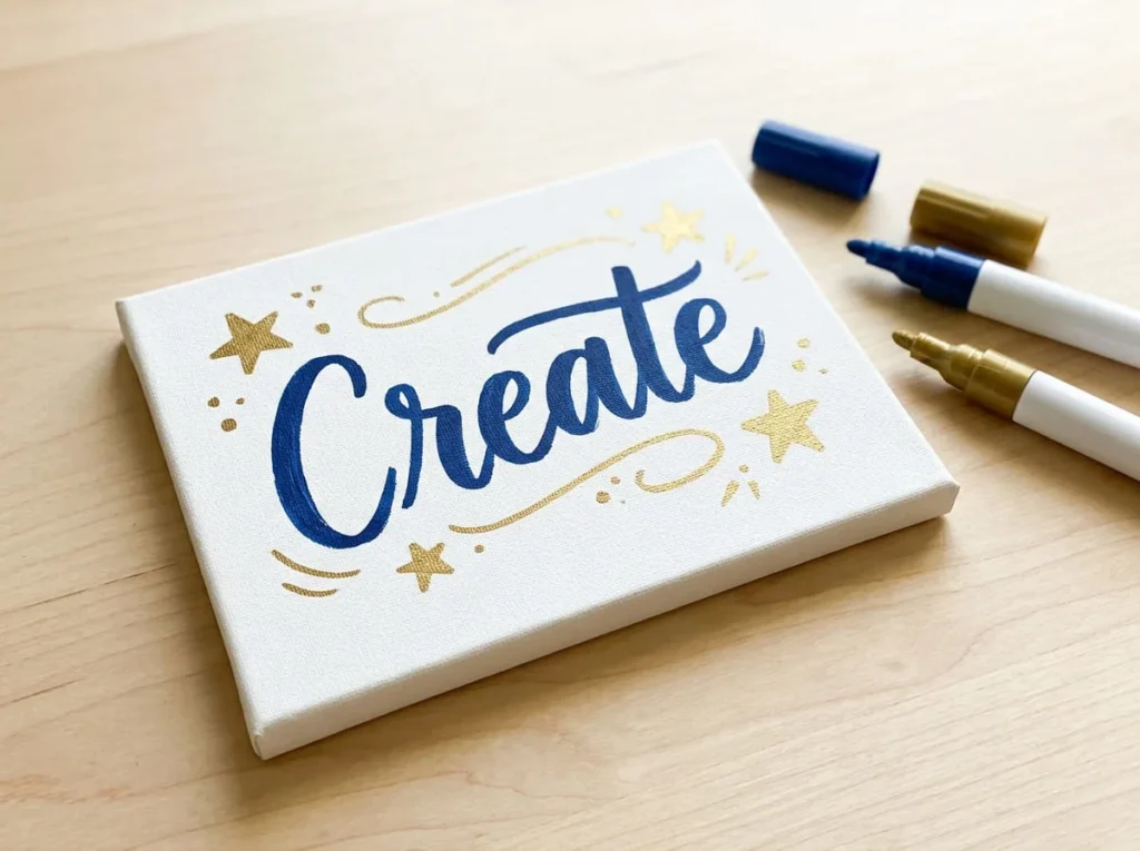 Mini canvas with handmade blue and gold permanent paint marker lettering and decorations