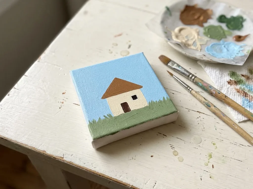 Small canvas acrylic painting of a simple cream cottage with a brown roof and green grass.
