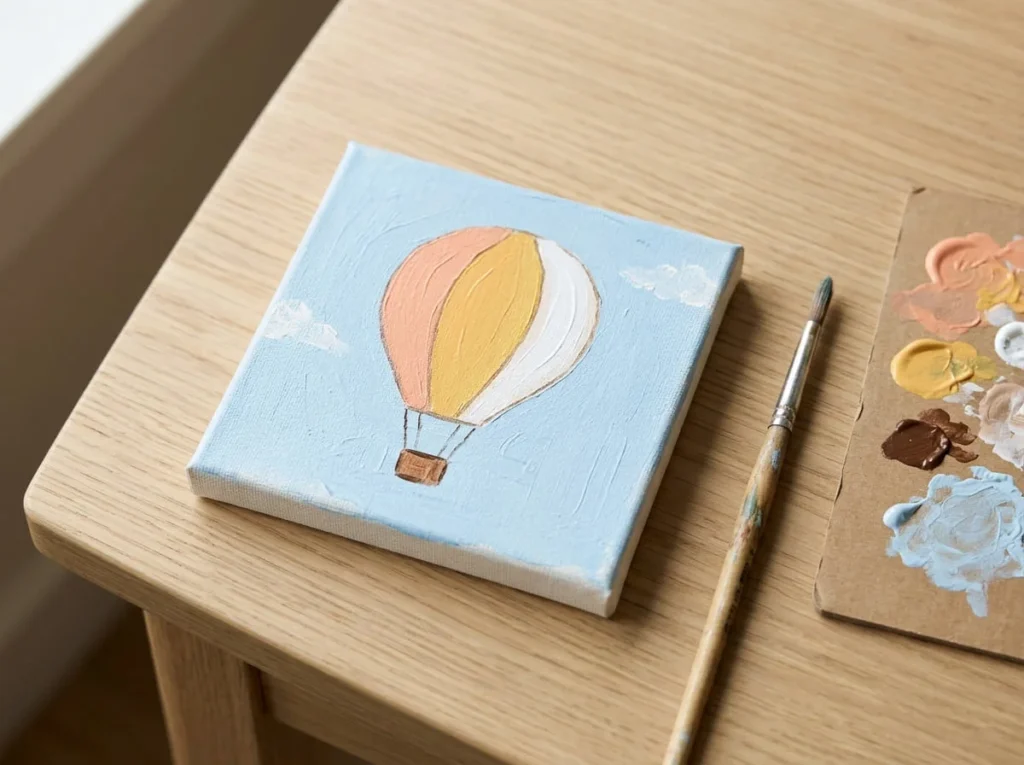 Small acrylic canvas painting of a peach, yellow, and white hot air balloon against a pale blue sky.